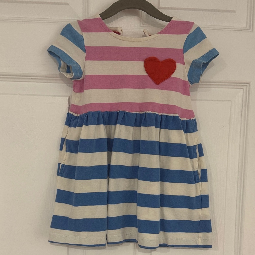 Mini Boden Blue and Pink Striped Dress with Red Heart